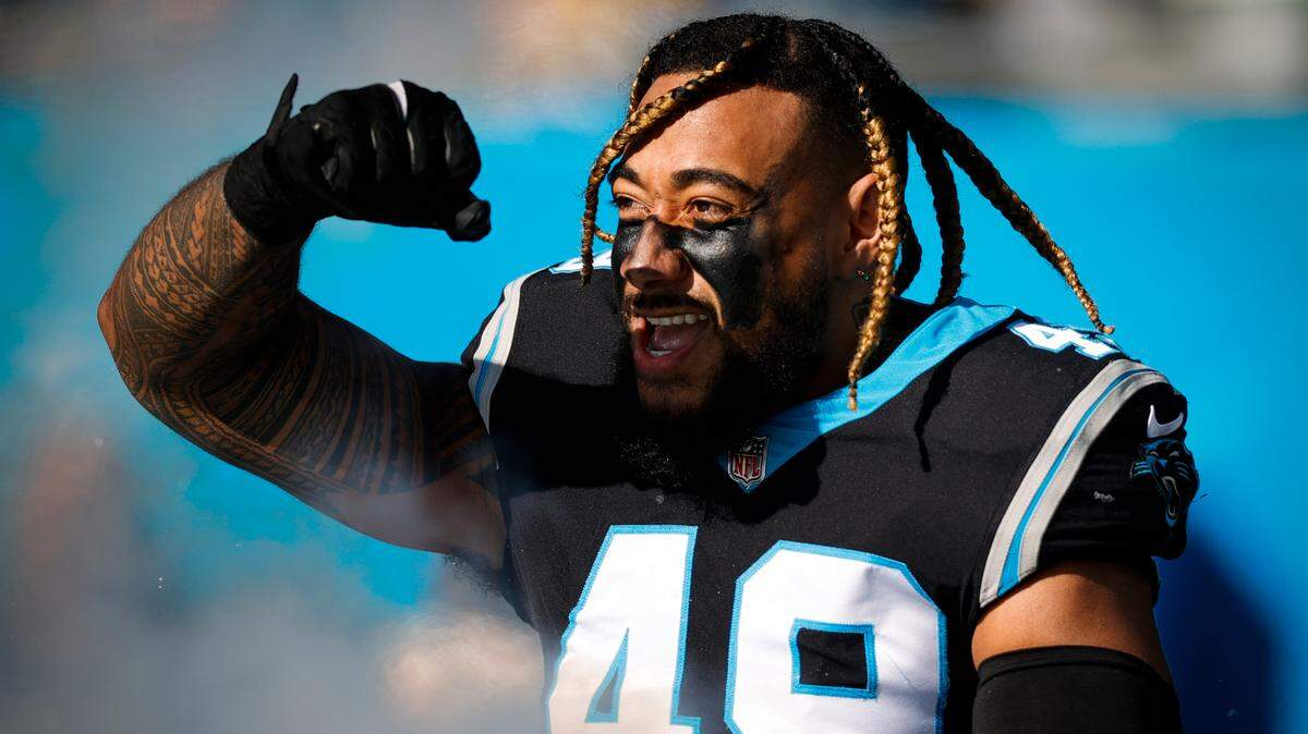 Carolina Panthers linebacker Frankie Luvu (49) takes the field during a game against the Pittsburgh Steelers at Bank of America Stadium in Charlotte, N.C., Sunday, Dec. 18, 2022.
