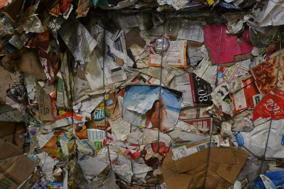 A bale of recyclables is a jumble of different items: paper, plastic and aluminum.