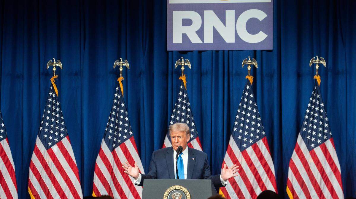 Then-President Donald Trump speaks at the Republican National Convention in Charlotte on August, 24, 2020. Trump made a surprise visit to the RNC to accept the nomination in person after the coronavirus pandemic forced the GOP to scale back its convention.