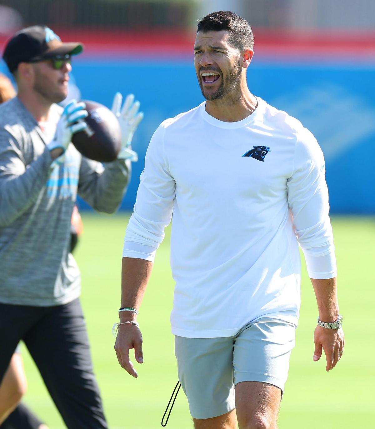 Carolina Panthers head coach Dave Canales yells instructions to his team during a training camp practice on Wednesday, July 23, 2025.