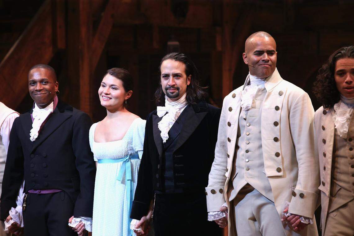 From left, Leslie Odom Jr., Phillipa Soo, Lin-Manuel Miranda and Christopher Jackson at the 2015 opening nights of the musical  "Hamilton.” Jackson, who played George Washington, will sing the national anthem Saturday in Charlotte at the Panthers playoff game against the Rams.