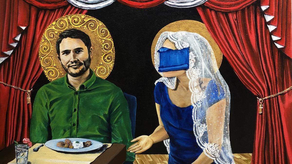 This is the first painting in Irisol Gonzalez’s “Machismo” series. She says it depicts the absurdity in the male/female relationship in machismo culture. The title is “His Needs.”