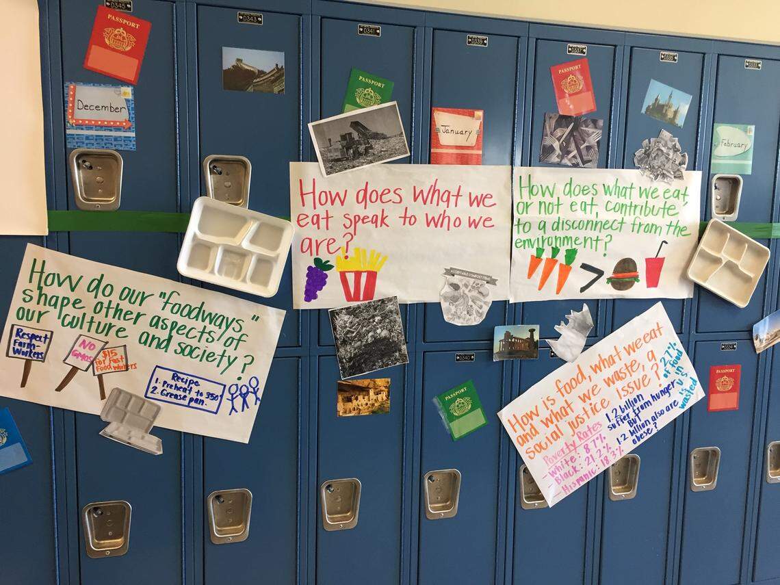Lockers outside the English language arts classes at Whitewater Middle School display questions related to the food waste project.
