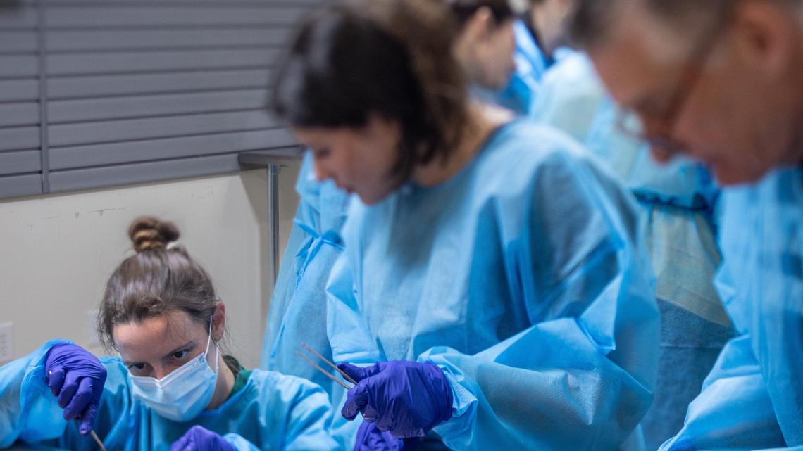 Katie Hopkins, a somatic bodywork and movement specialist with Align & Spiral, dissects a cadaver during Dissection Club at Experience Anatomy in Charlotte.