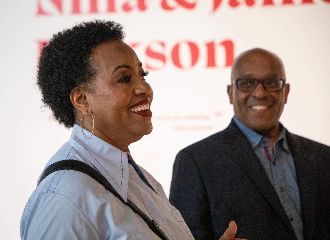 Nina and James Jackson talk about their collection at a media preview last month for “The Vault.”