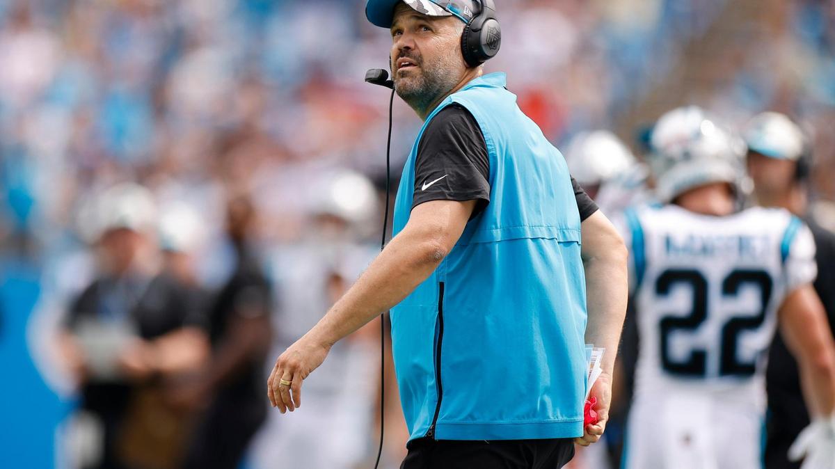Carolina Panthers head coach Matt Rhule glances to the scoreboard during a game against the Cleveland Browns at Bank of America Stadium in Charlotte, N.C., Sunday, Sept. 11, 2022.