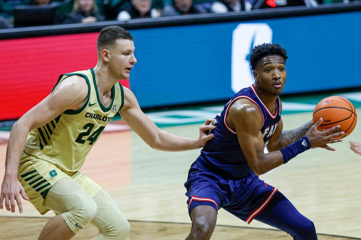 Florida Atlantic guard Brandon Weatherspoon, right, looks to pass against Charlotte forward Igor Milicic Jr. during an early January game. (AP Photo/Nell Redmond)