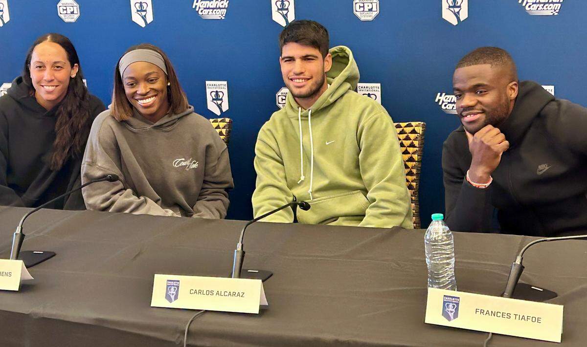 Four pro tennis players came to Charlotte on Dec. 6, 2024, to play in the Charlotte Invitational exhibition. They are, from left: Madison Keys, Sloane Stephens, Carlos Alcaraz and Frances Tiafoe. The event was held in the Spectrum Center, normally the home of the Charlotte Hornets.