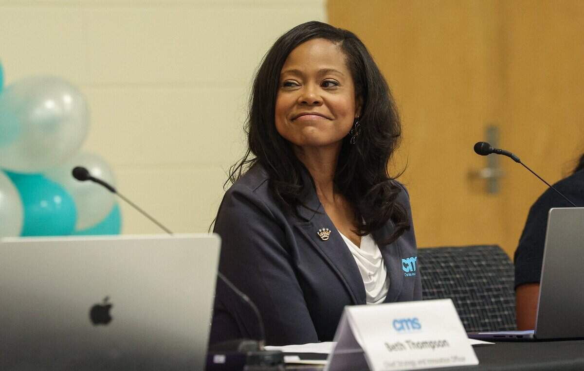 CMS Superintendent Crystal L. Hill smiles as principals talk about how their schools are succeeding during a press conference to discuss the new state testing results at University Creative Arts Elementary School in Charlotte on Wednesday, September 3, 2025.