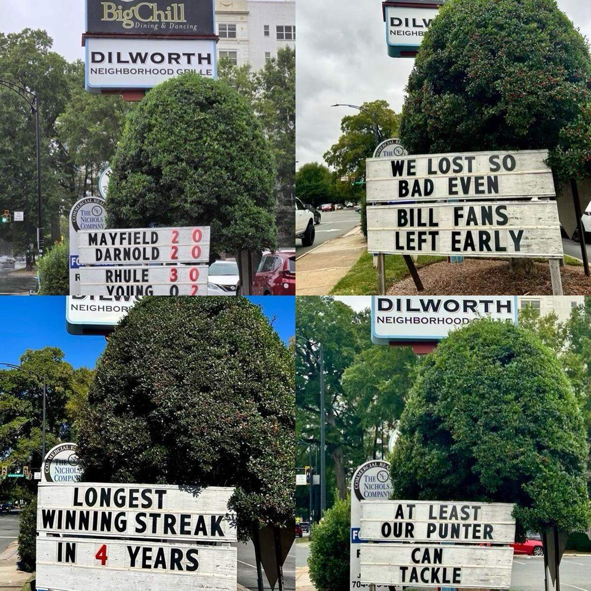 A sampling of Dilworth Neighborhood Grille signs over the 2024 and 2025 seasons. The sign is changed after each Carolina game to reflect what happened over the previous weekend.