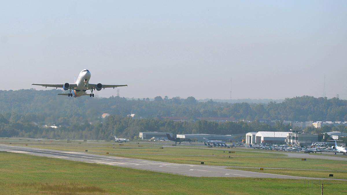 A flight departs Concord-Padgett Regional Airport on Friday, October 15, 2021.