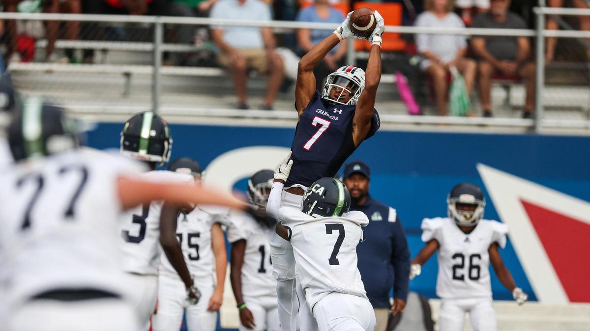 Providence Day’s Channing Goodwin catches a pass during the game against Legion Collegiate on Friday, August 19, 2022 in Charlotte, NC.