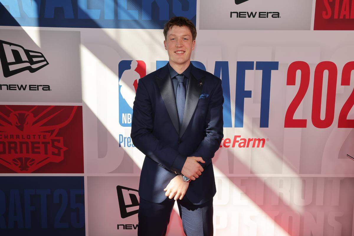 Kon Knueppel arrives before Wednesday’s first round of the 2025 NBA Draft at Barclays Center.