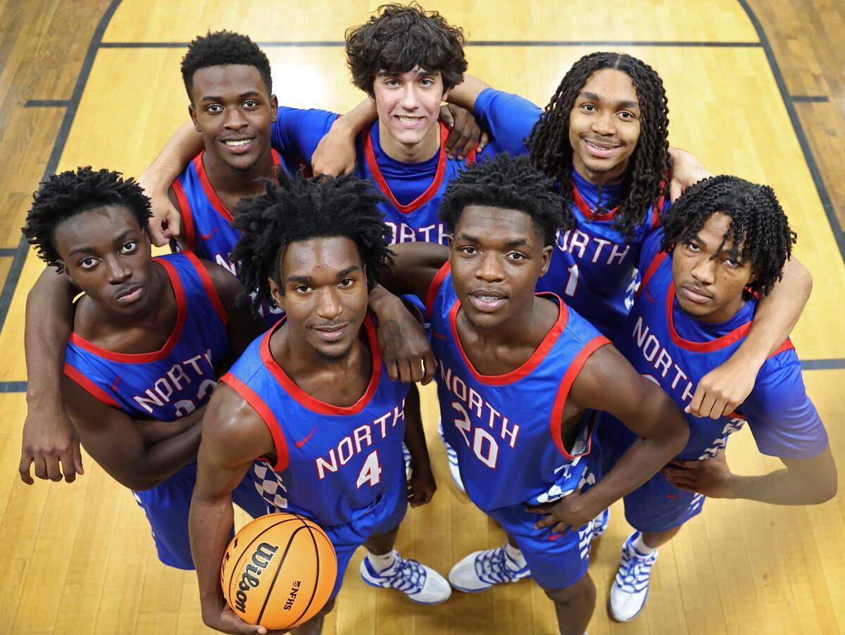 Possible starters for the 2025 North Meck boys basketball team (Front Row L-R) Ashton Pierce and Exzavier Young. (Back Row L-R) Xavier Davis, Devonte Lindsey, Alek Lewandowski, Alex White and Wilson Estwick on Wednesday, November 5, 2025. The boy's team is ranked No.1 in the preseason sweet 16.