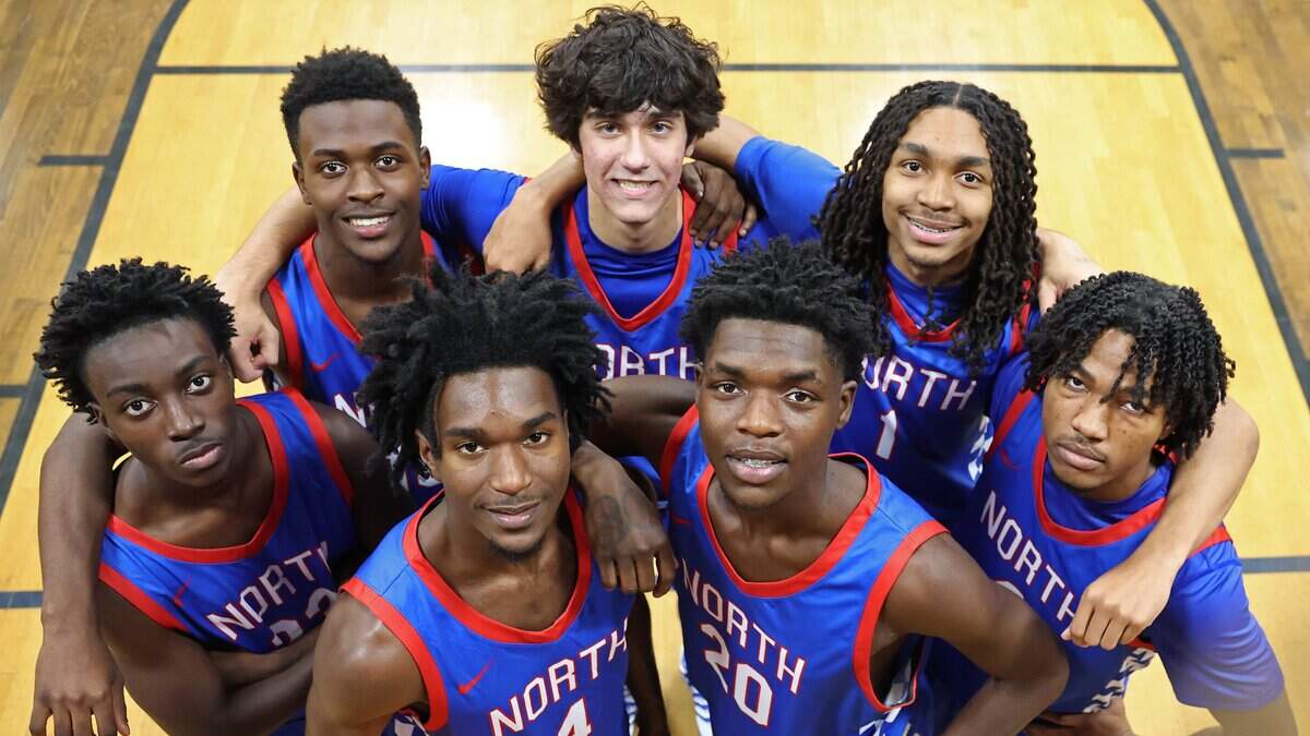 Possible starters for the 2025 North Meck boys basketball team (Front Row L-R) Ashton Pierce and Exzavier Young. (Back Row L-R) Xavier Davis, Devonte Lindsey, Alek Lewandowski, Alex White and Wilson Estwick on Wednesday, November 5, 2025. The boy's team is ranked No.1 in the preseason sweet 16.