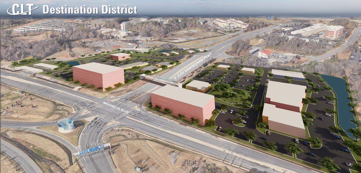 A rendering of Charlotte Douglas International Airport’s Destination District Central includes buildings on 39 acres of commercial development along Wilkinson Boulevard.