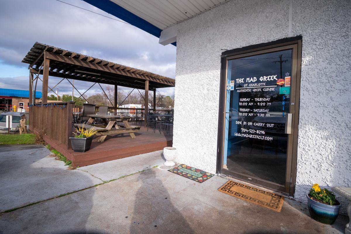 The Mad Greek Restaurant has outdoor seating and both dine-in and carry-out options. It is located on South Boulevard.