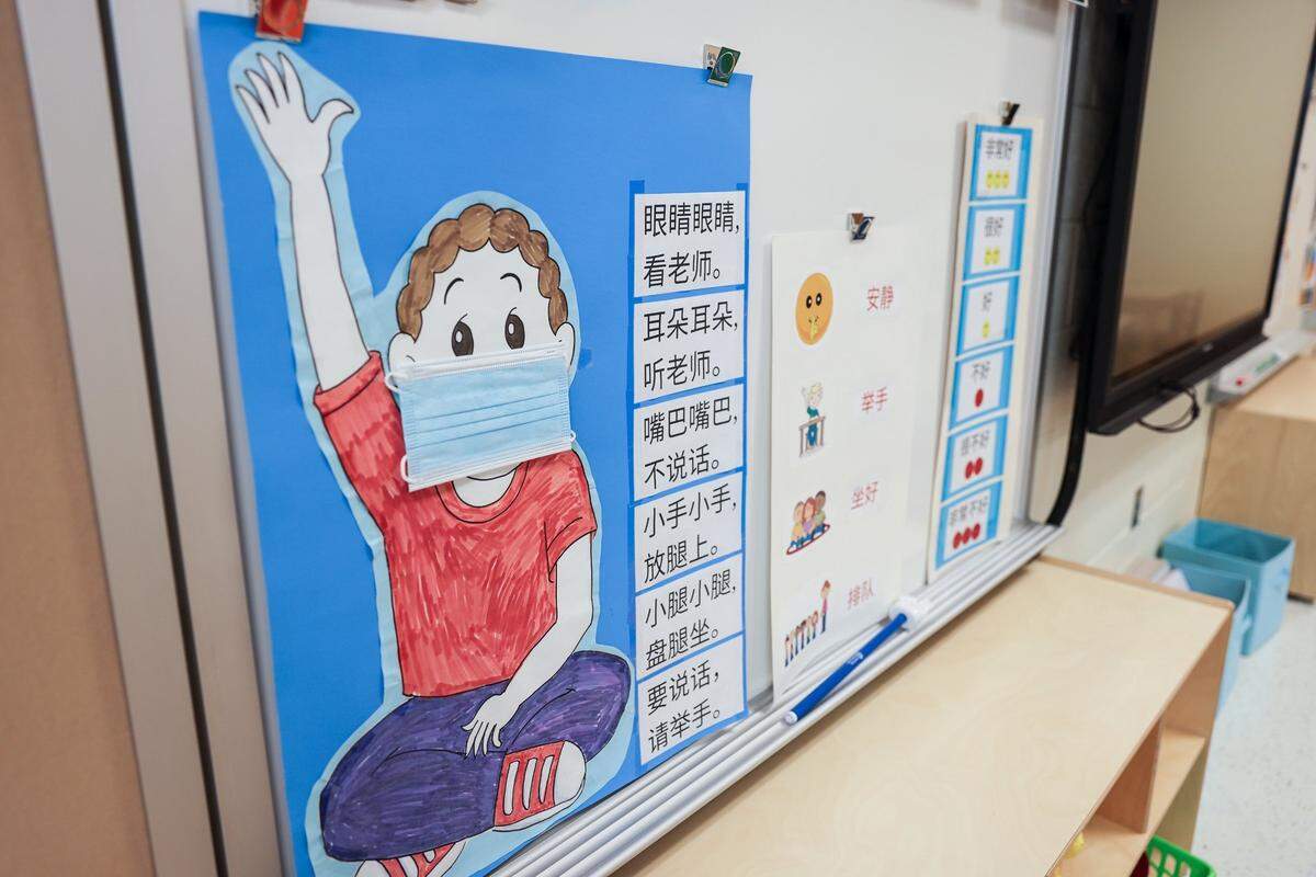 A mask was added to this classroom decoration at North Academy of World Languages in Charlotte on Aug. 20, 2021.