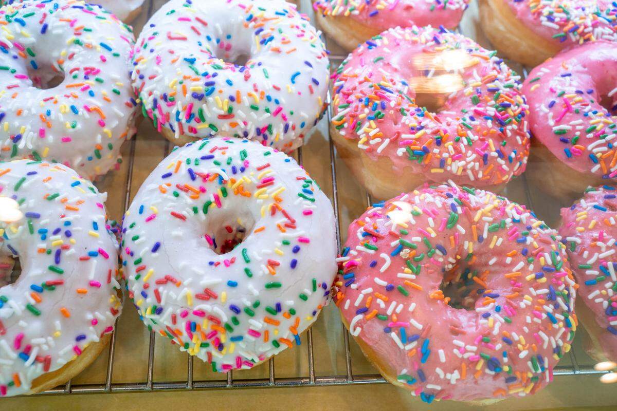 A variety of sprinkle doughnuts at Yummm Donut in Gastonia.