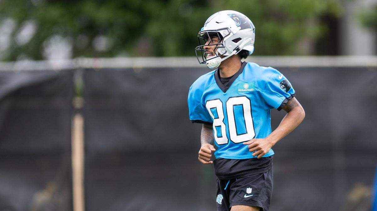 Carolina Panthers Jacolby George runs during a drill during the Carolina Panthers Rookie Minicamp in Charlotte, N.C., on Saturday, May 10, 2025.