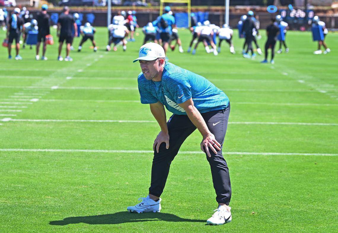 Carolina Panthers offensive coordinator Brad Idzik watches drills at rookie minicamp on Friday, May 9, 2025.