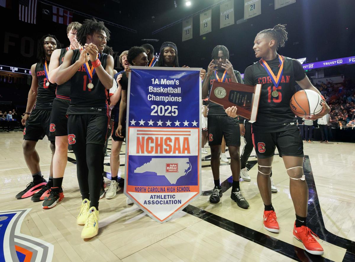 Corvian players celebrate their 58-55 overtime win against Southern Wake. Corvian would play Southern Wake in the 1A Men’s Basketball NCHSAA Championship Friday 14, 2025.
