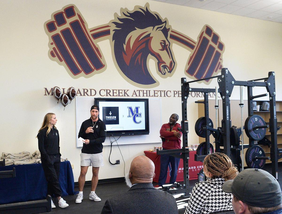 Panthers star, Adam Thielen and his wife Caitlin Thielen, donated a weight room to Mallard Creek High School on Monday, Feb. 24, 2025.