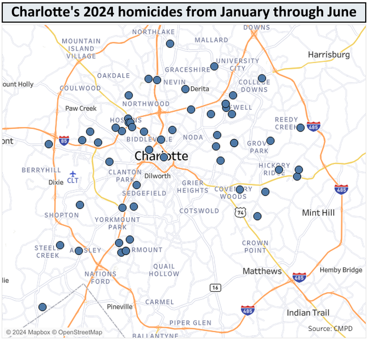 Here’s a look at the location of 61 homicides in Charlotte in the first six months of 2024.