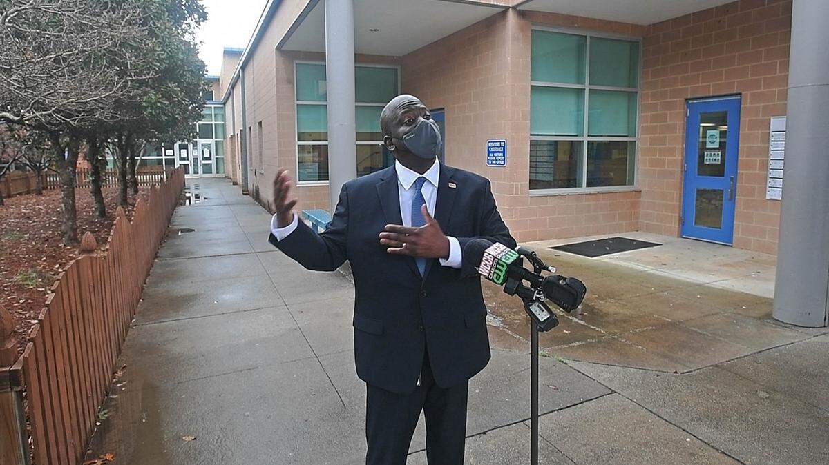Charlotte-Mecklenburg Schools Superintendent Earnest Winston outside Crestdale Middle School in Matthews on Monday, February 22, 2021.