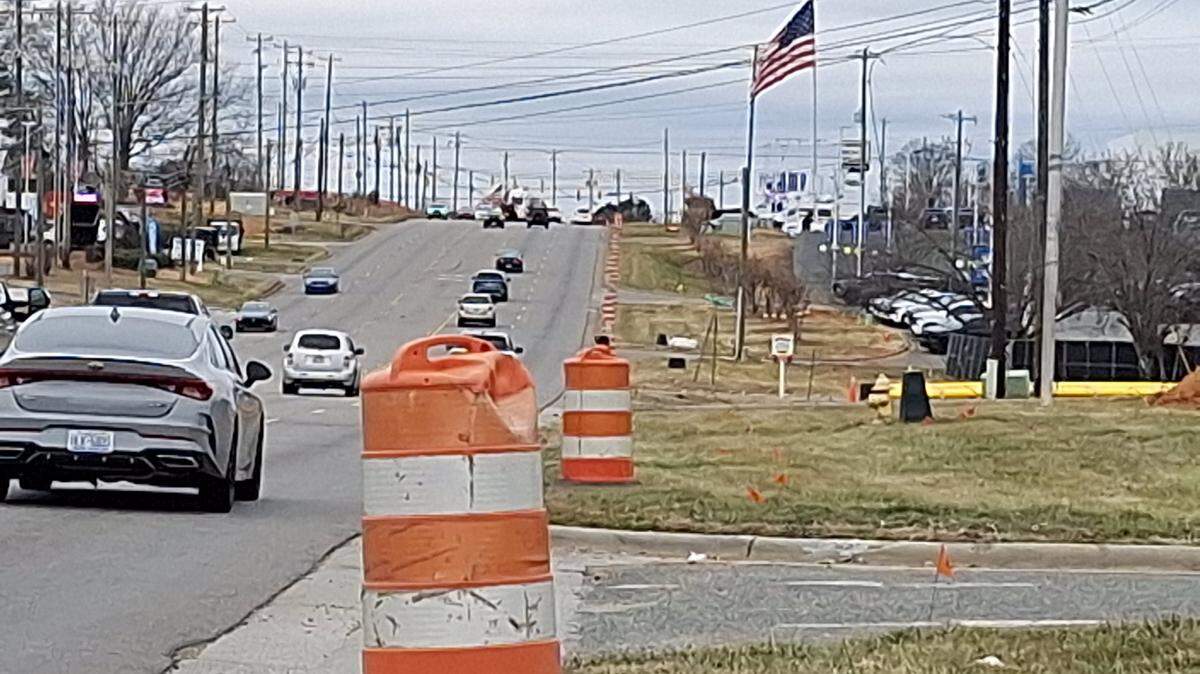 Construction barrels line N.C. 150 from U.S. 21 to Talbert Road in Mooresville NC on Saturday, Feb. 8, 2025, for the long-awaited expansion of the highway to six lanes. A gas line rupture along this stretch prompted evacuations and the closing of the road on Friday, Oct. 17, 2025.
