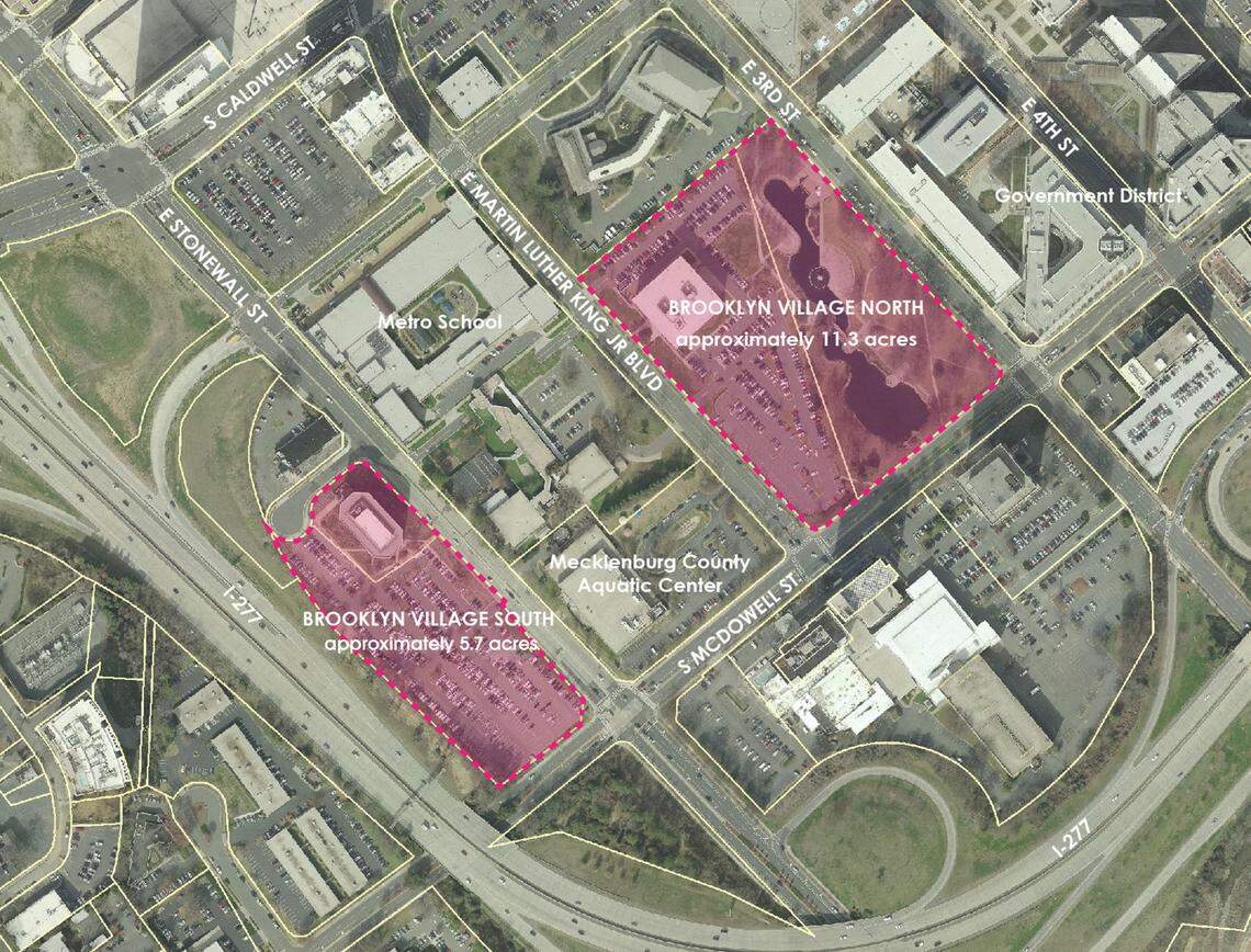 This map shows the location of Brooklyn Village South — what’s now Walton Plaza — and Brooklyn Village North. The southern section of the project will start construction first. It sits adjacent to Interstate 277.