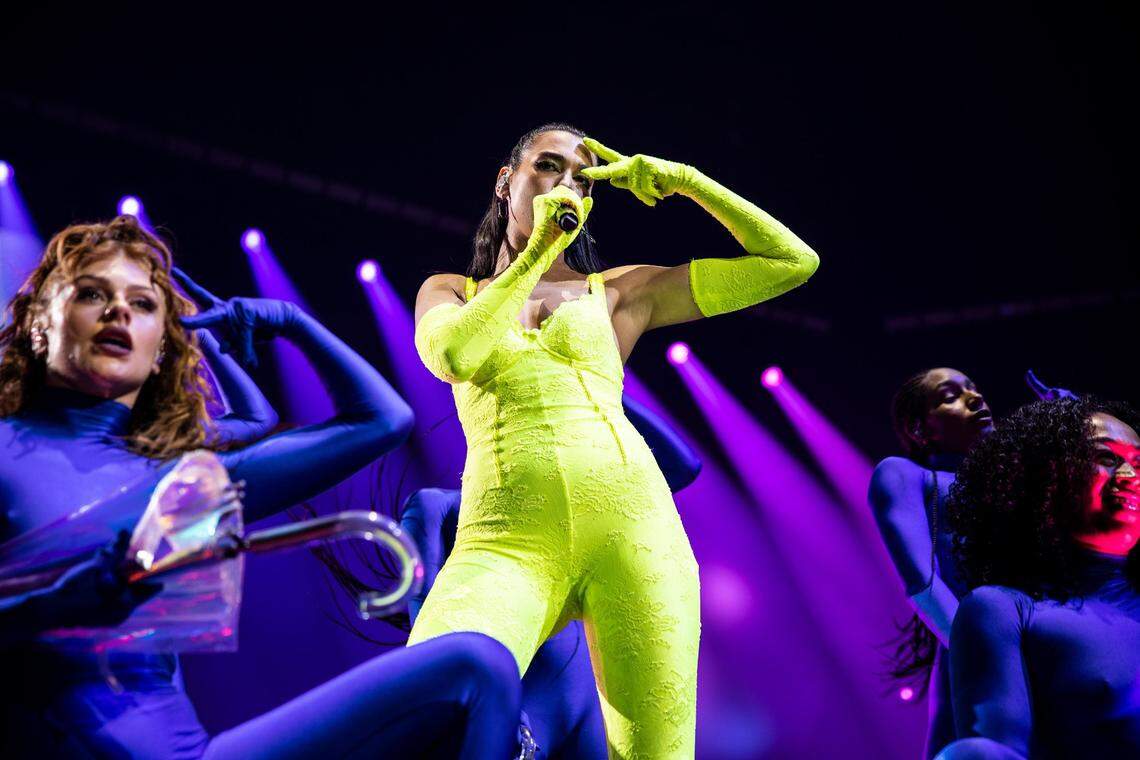 Dua Lipa performs during her Future Nostalgia Tour at the Spectrum Center in Charlotte, N.C., on February, 16, 2022.