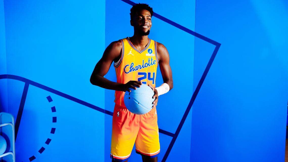 Kon Knueppel, Grant Willliams, Brandon Miller and LaMelo Ball model the Charlotte Hornets’ 2025-26 City Edition remix uniforms