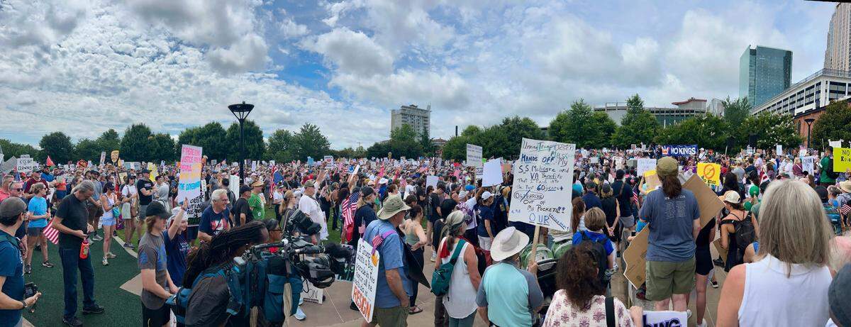 Marchers gather in uptown Charlotte for the ‘No Kings, anti-Trump’ rally Saturday.