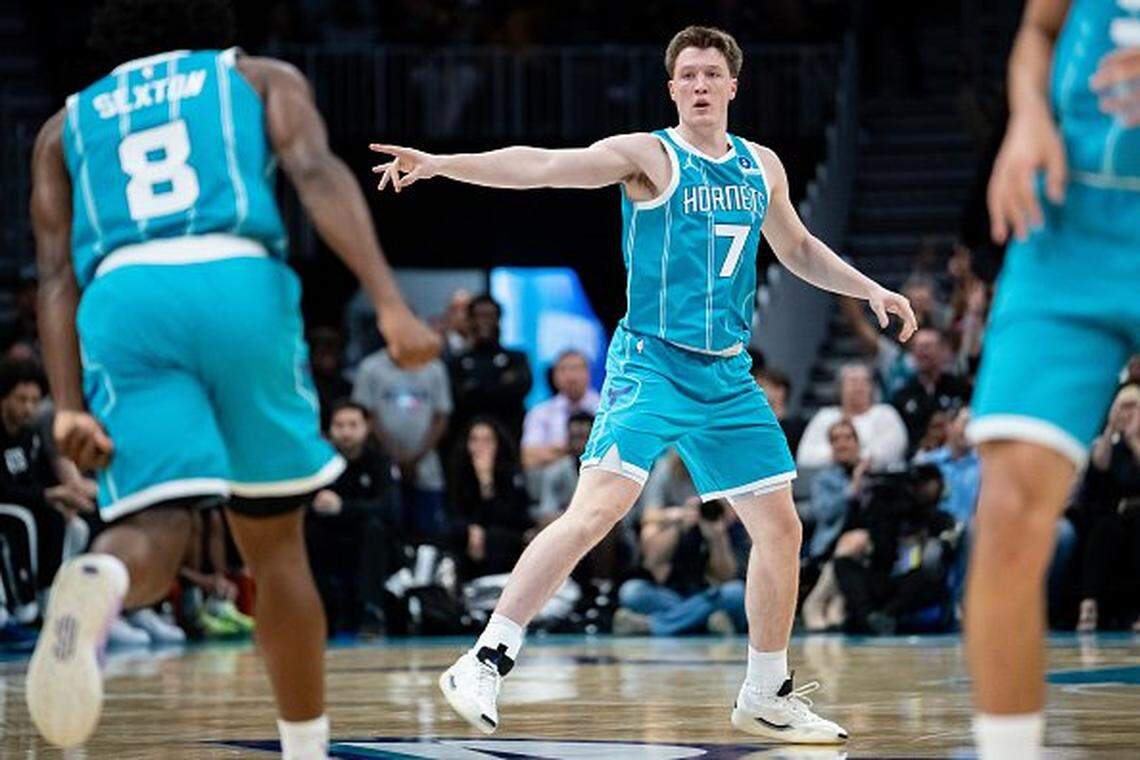 Kon Knueppel of the Charlotte Hornets reacts in the first half against the Brooklyn Nets at Spectrum Center on Oct. 22, 2025 in Charlotte, North Carolina. 