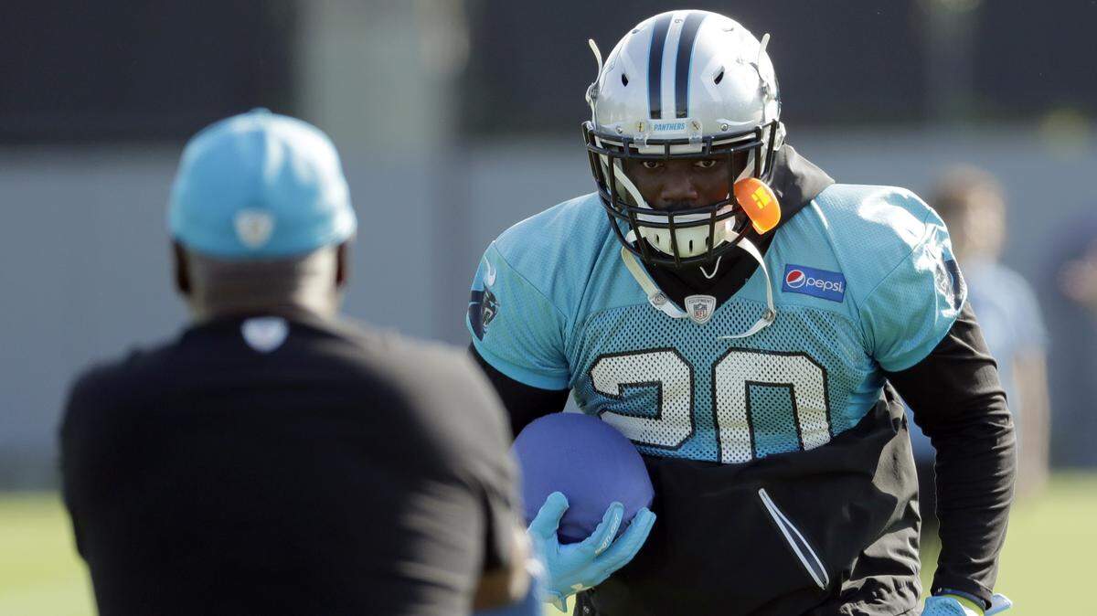 Carolina Panthers' C.J. Anderson (20) has an impressive resume as the team's new power running back. Training camp will shine a light on how well he and pass-catching back Christian McCaffrey can work together in Norv Turner's offense.