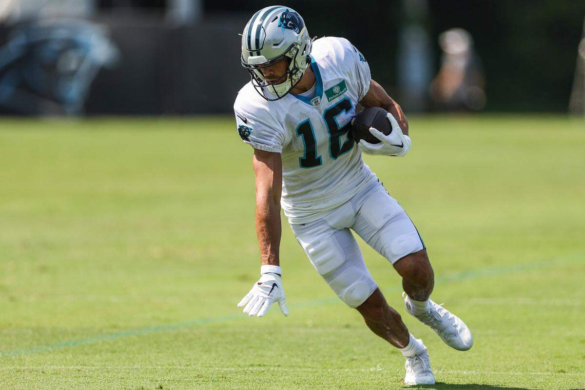 Panthers wide receiver Brandon Zylstra catches a pass and his balance during practice at Training Camp on Tuesday, August 2, 2022 in Spartanburg, SC.