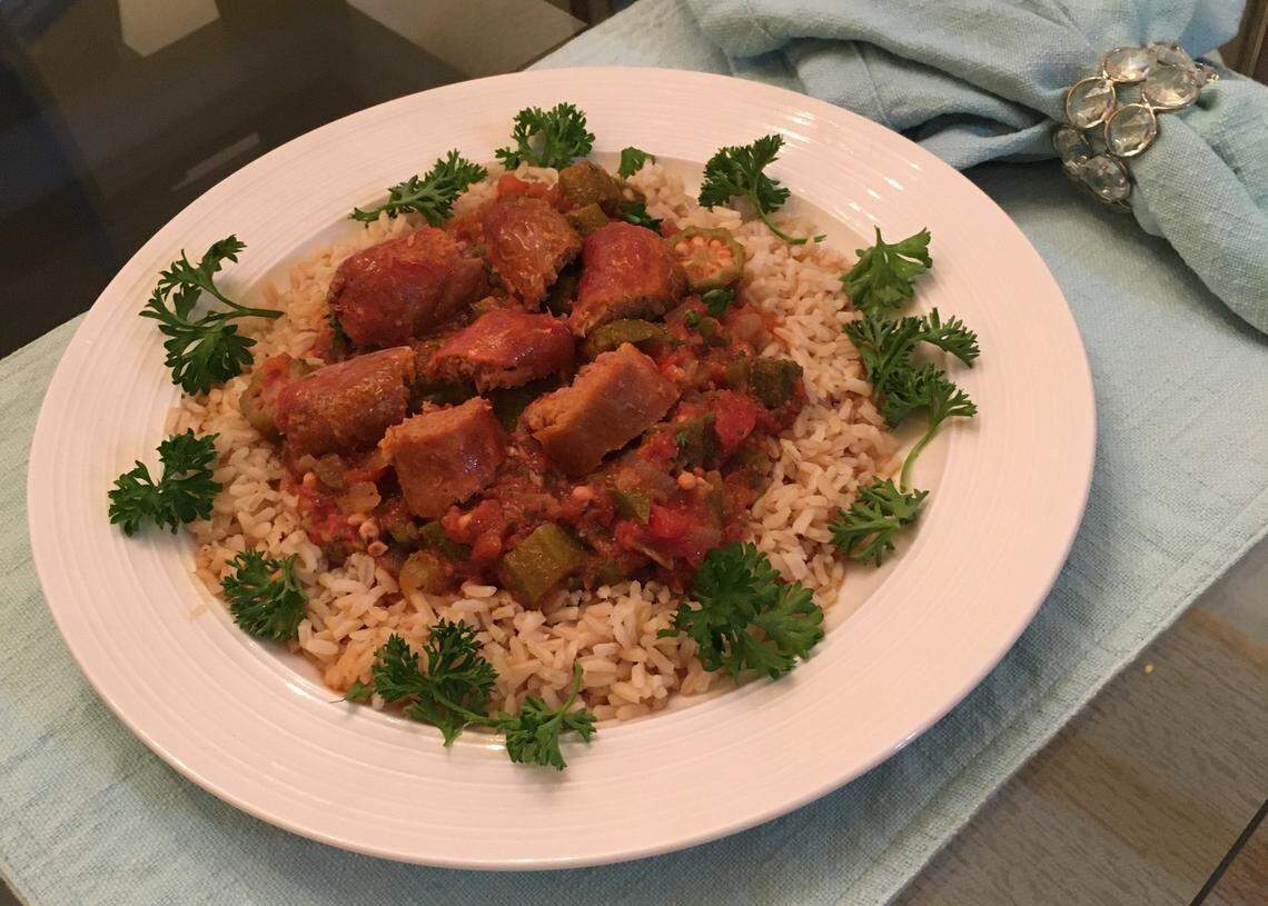 Denise Hairston’s meals — such as this jambalaya — look like their meat-filled counterparts, but they’re prepared with vegan ingredients and plenty of flavor.