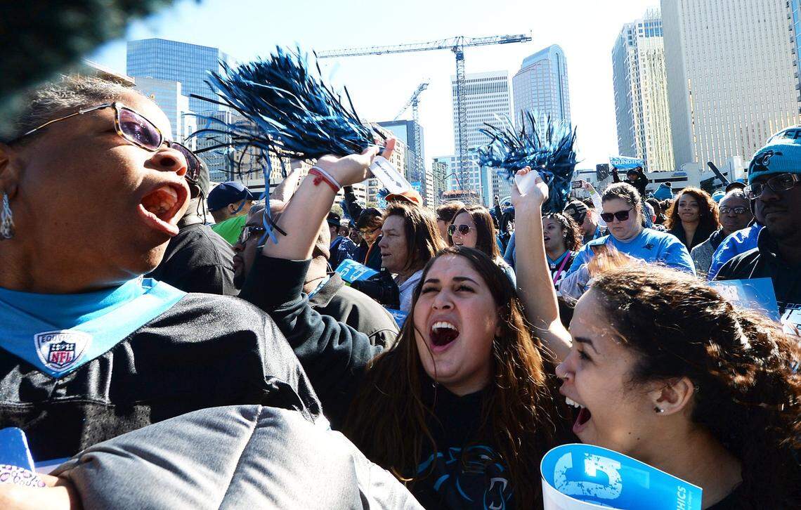 Fans gather at the Panthers Pride Rally in uptown Charlotte ahead of Super Bowl 50.