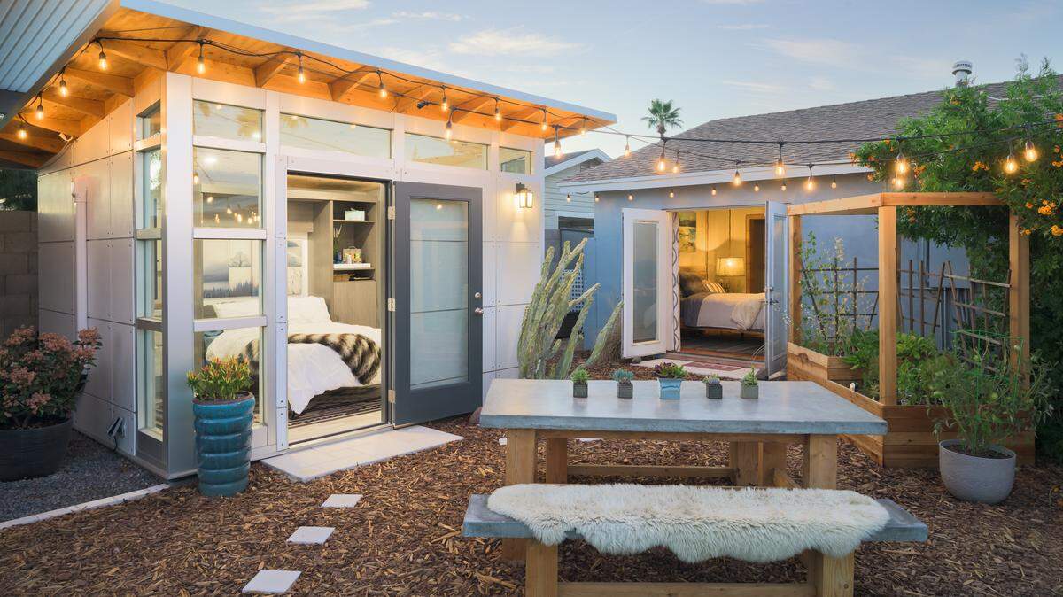 This 120 square-foot studio space doubles as a guest space with a Murphy bed and a flex workout space.