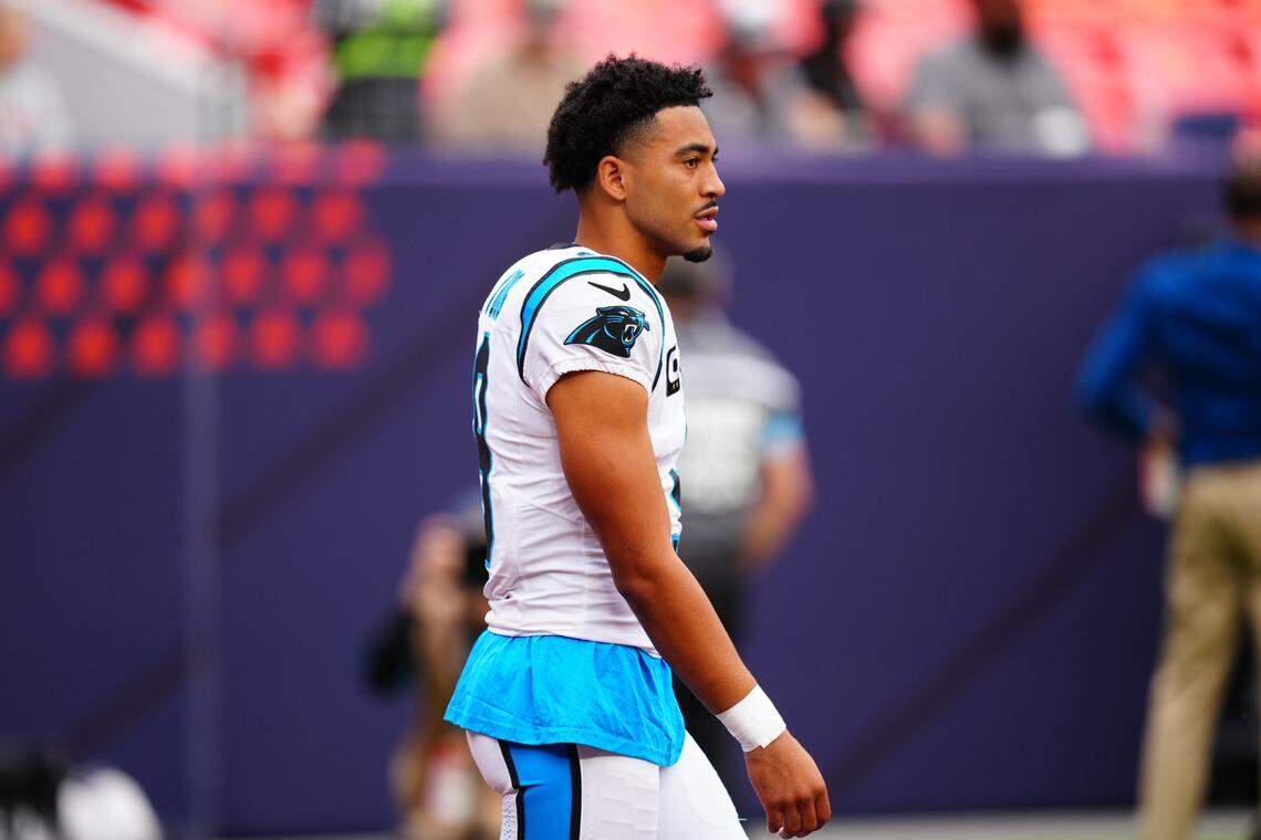 Carolina Panthers quarterback Bryce Young (9) before the game against the Denver Broncos at Empower Field at Mile High. Ron Chenoy-Imagn Images