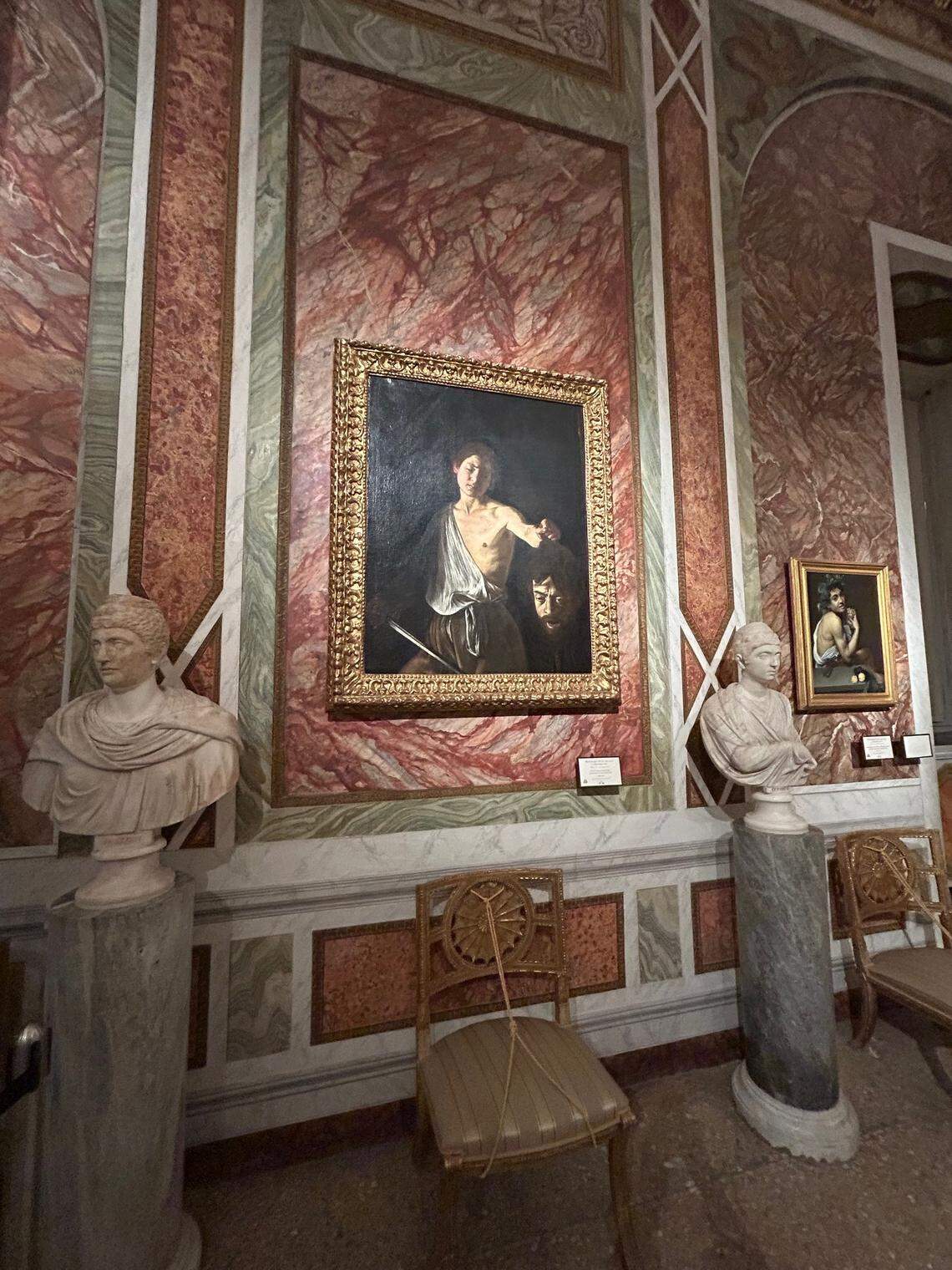 Caravaggio masterpiece “David with the Head of Goliath,” in the Galleria Borghese, Rome. This late-period Caravaggio is oil on canvas, circa 1610.