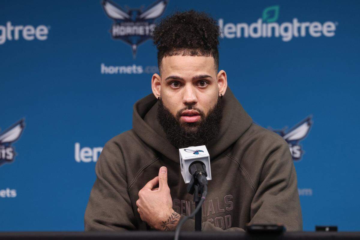 Hornets forward Cody Martin during interviews wrapping up the end of the Hornets’ season at Spectrum Center on Monday, April 10, 2023.