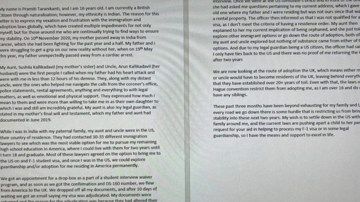 A letter written by Pramiti Taranikanti about her and her family’s plight.