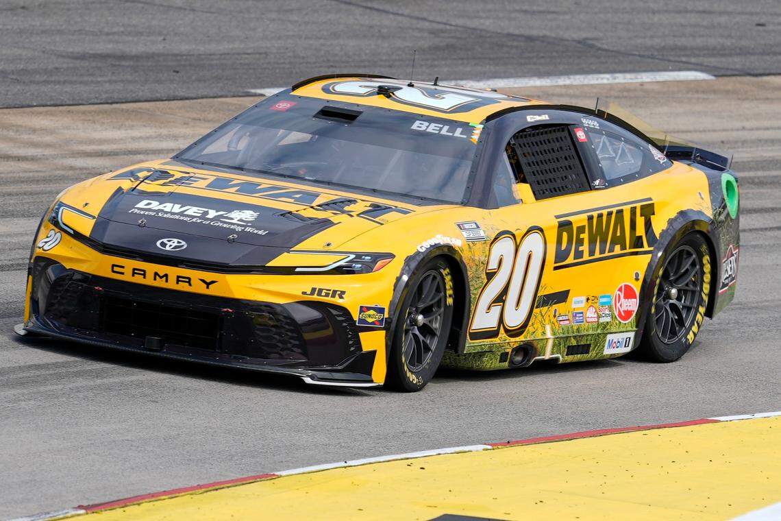 Mar 29, 2025; Martinsville, Virginia, USA; NASCAR Cup Series driver Christopher Bell (20) during practice and qualifying for the Cook Out 400 at Martinsville Speedway.
