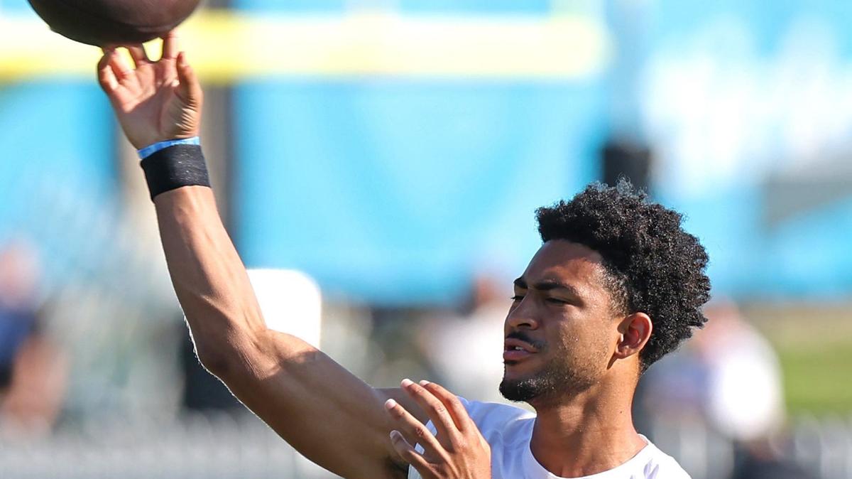 Carolina Panthers quarterback Bryce Young warms up prior to the team’s joint practice with the New York Jets on Thursday. Young would later have a strong day against the Jets that included multiple touchdown passes and no interceptions.