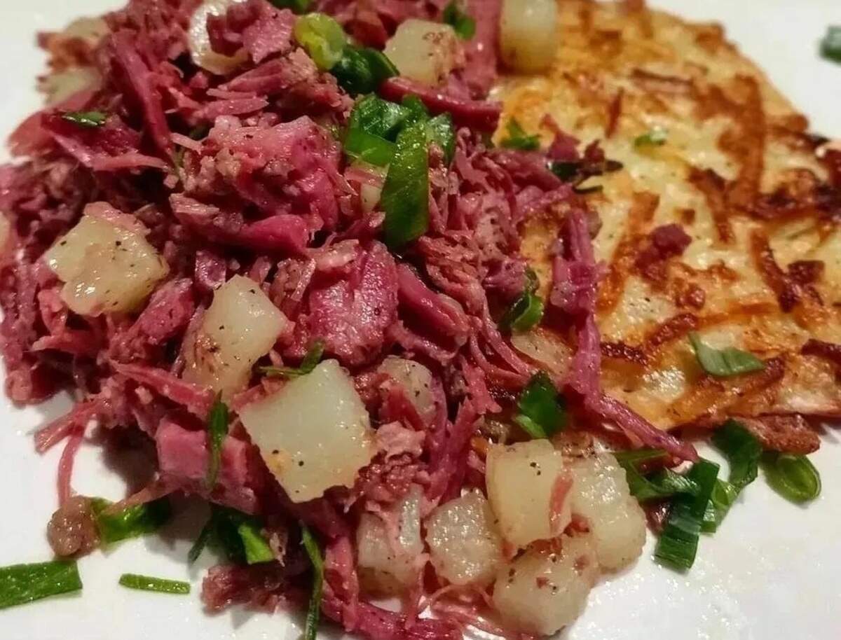 Corned beef hash and potato pancakes from 27 Pancakes.
