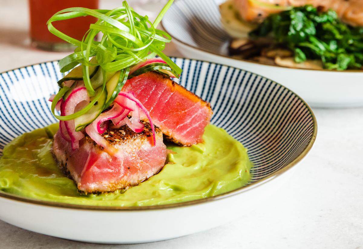 Seared Tuna with cucumber salad, pickled ginger, avocado puree and togarashi at The Royal Tot.