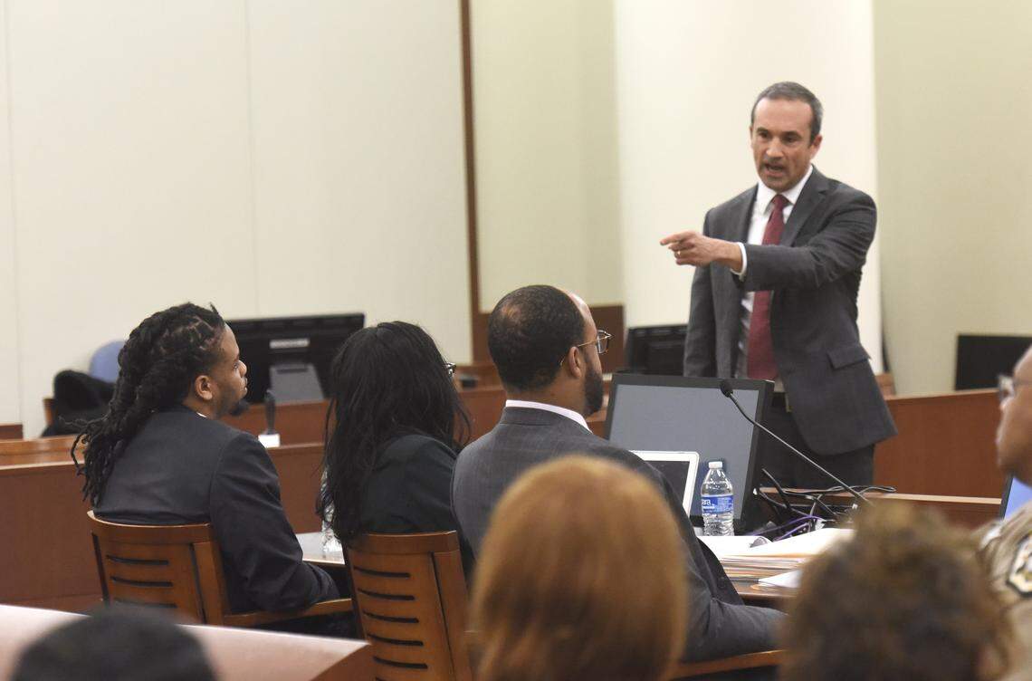 Assistant District Attorney Glenn Cole points at the defendant, Rayquan Borum, during the prosecutions opening statements.The trial of Rayquan Borum for the fatal shooting of Justin Carr began in courtroom 5370 under the direction of Judge Gregory Hayes on Monday, Feb. 25, 2019.