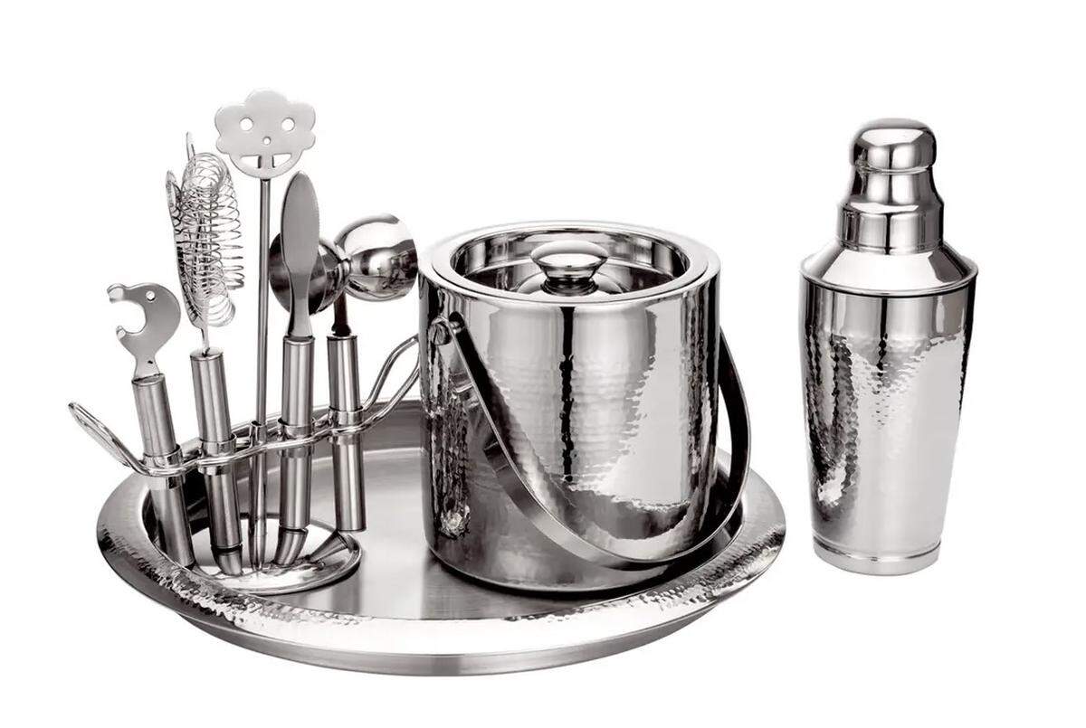 Gift the cocktail lover on your list with this silver-plated hammered bar set from The Cocktailery.